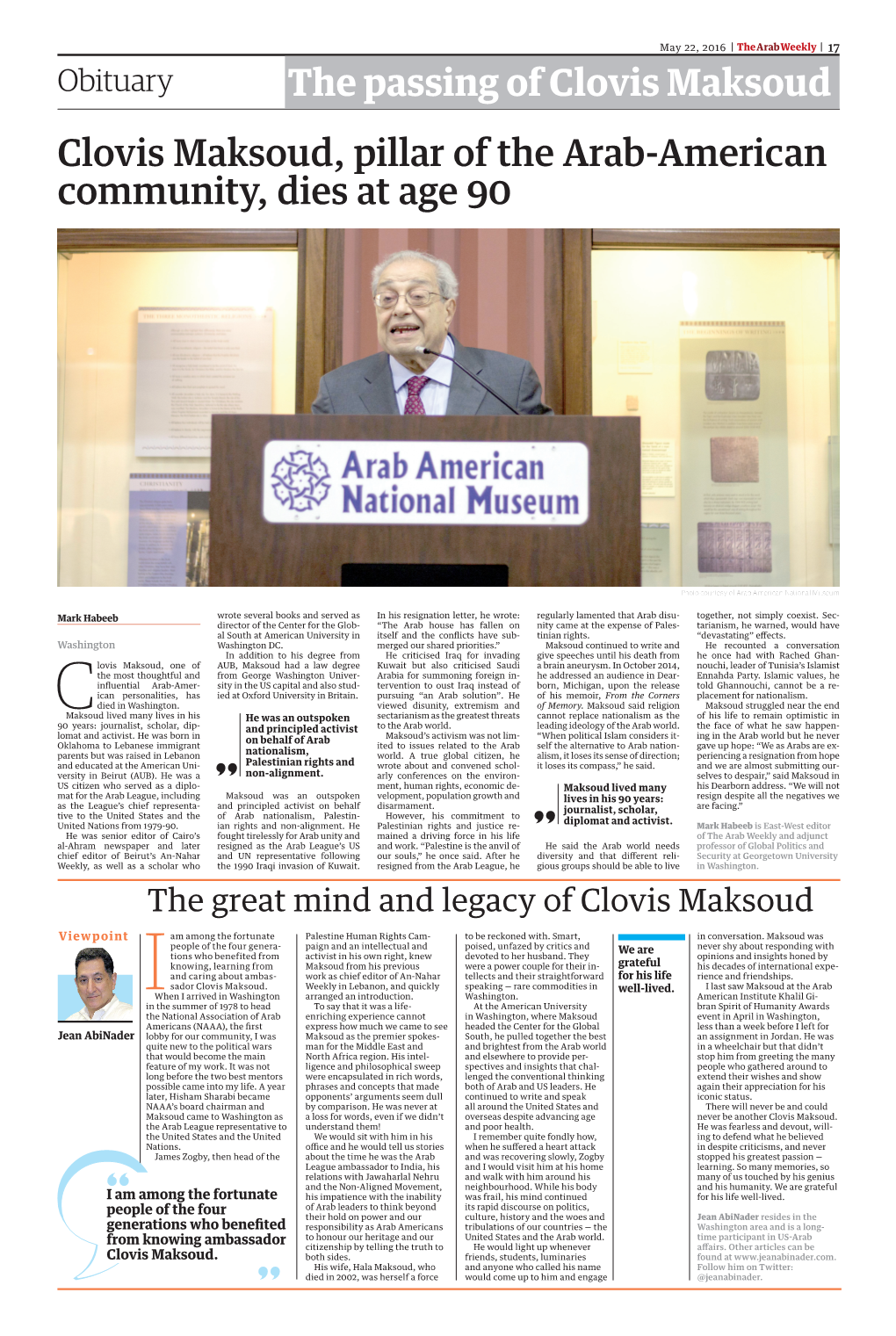 The Passing of Clovis Maksoud Clovis Maksoud, Pillar of the Arab-American Community, Dies at Age 90