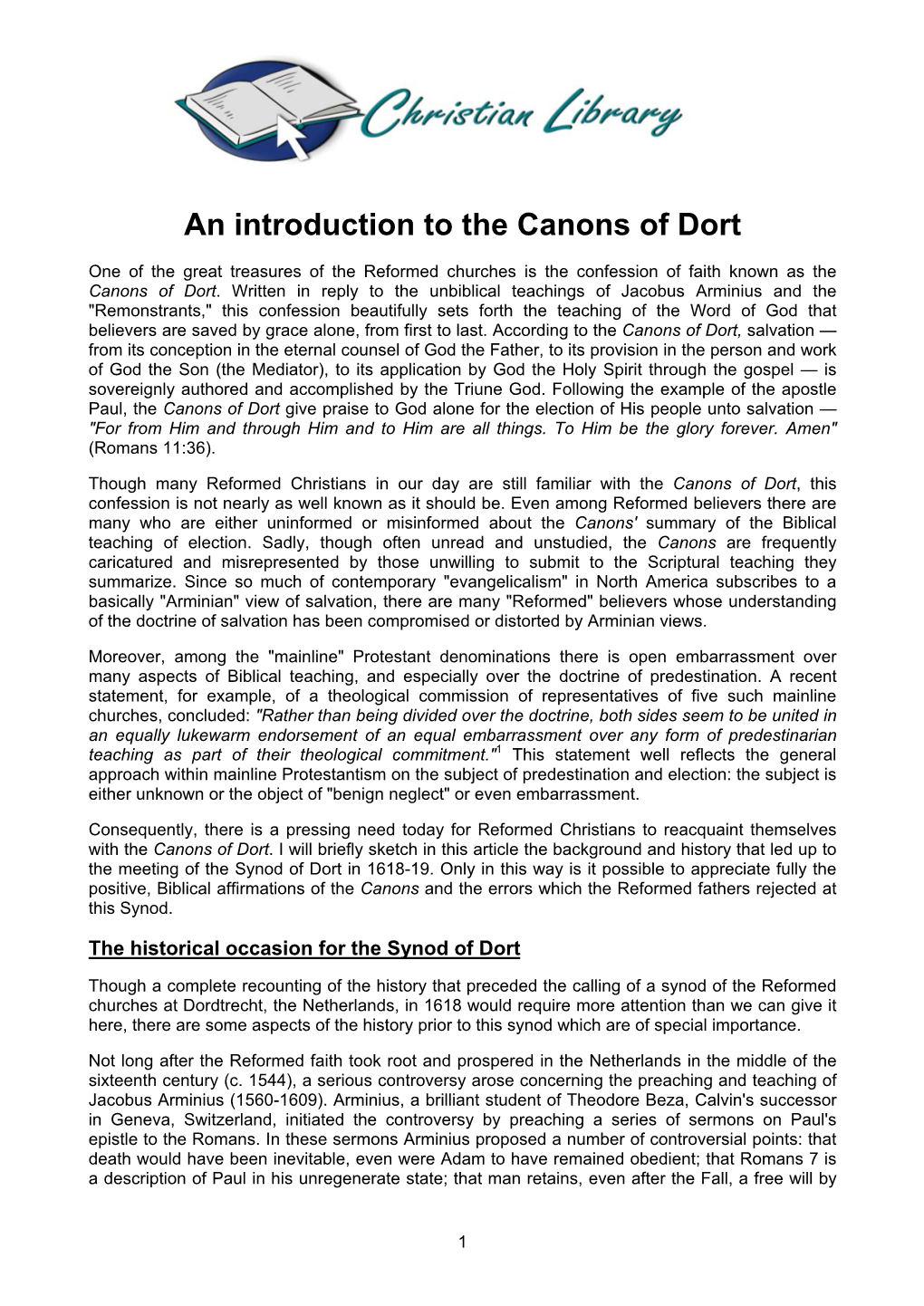 An Introduction to the Canons of Dort