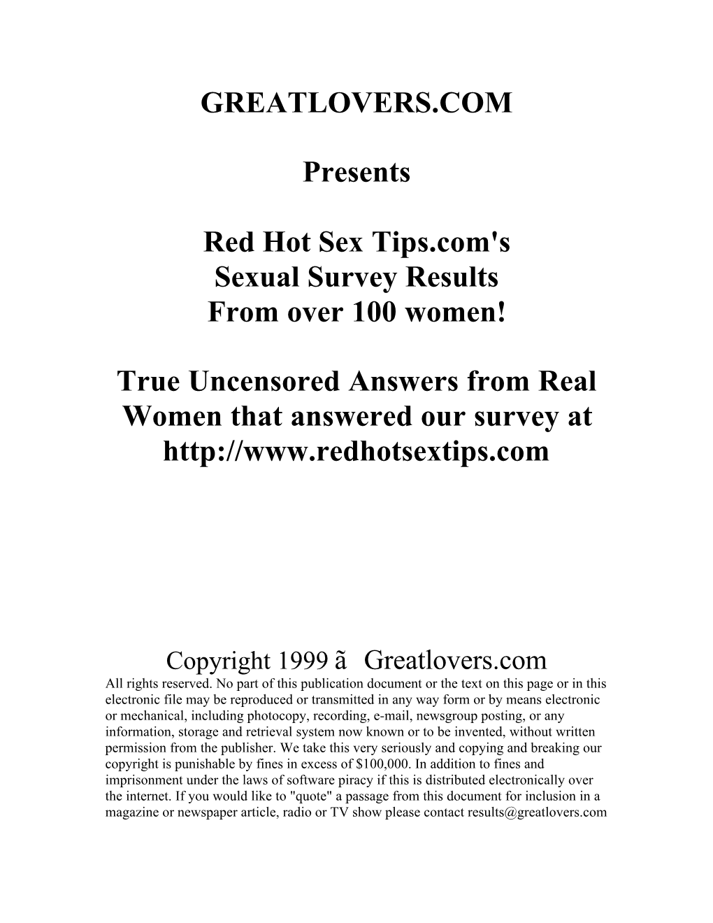 GREATLOVERS.COM Presents Red Hot Sex Tips.Com's Sexual Survey