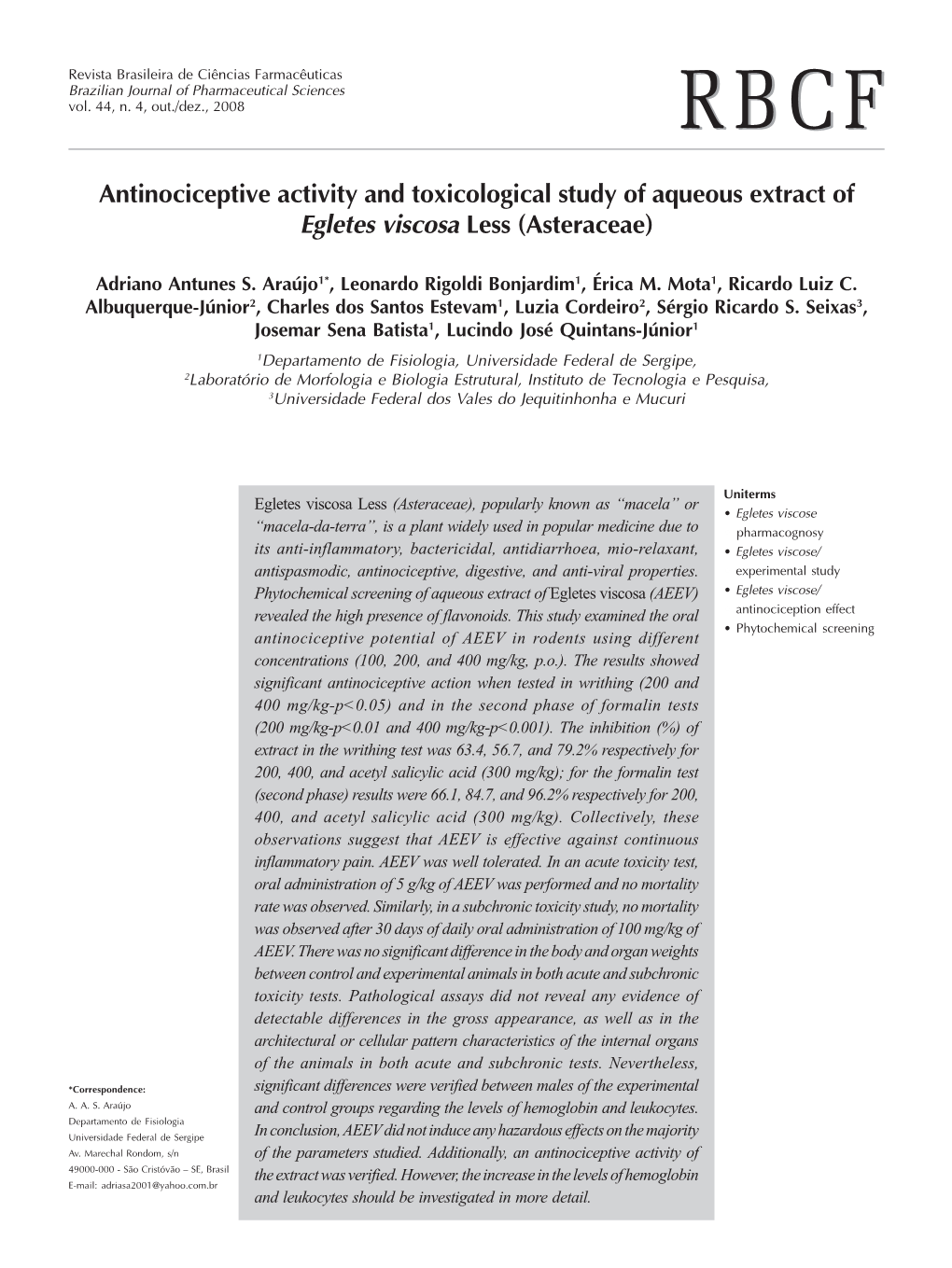 Antinociceptive Activity and Toxicological Study of Aqueous Extract of Egletes Viscosa Less (Asteraceae)