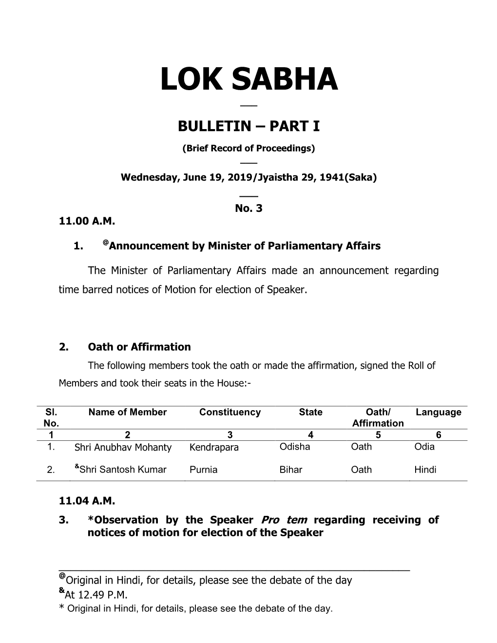 Lok Sabha ___ Bulletin – Part I