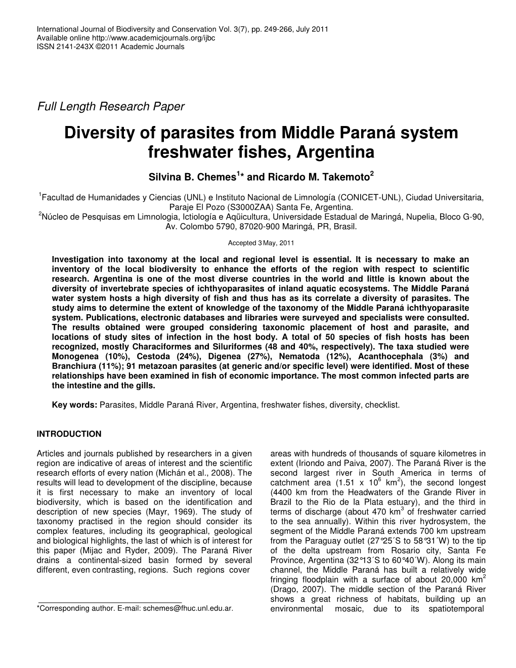 Diversity of Parasites from Middle Paraná System Freshwater Fishes, Argentina