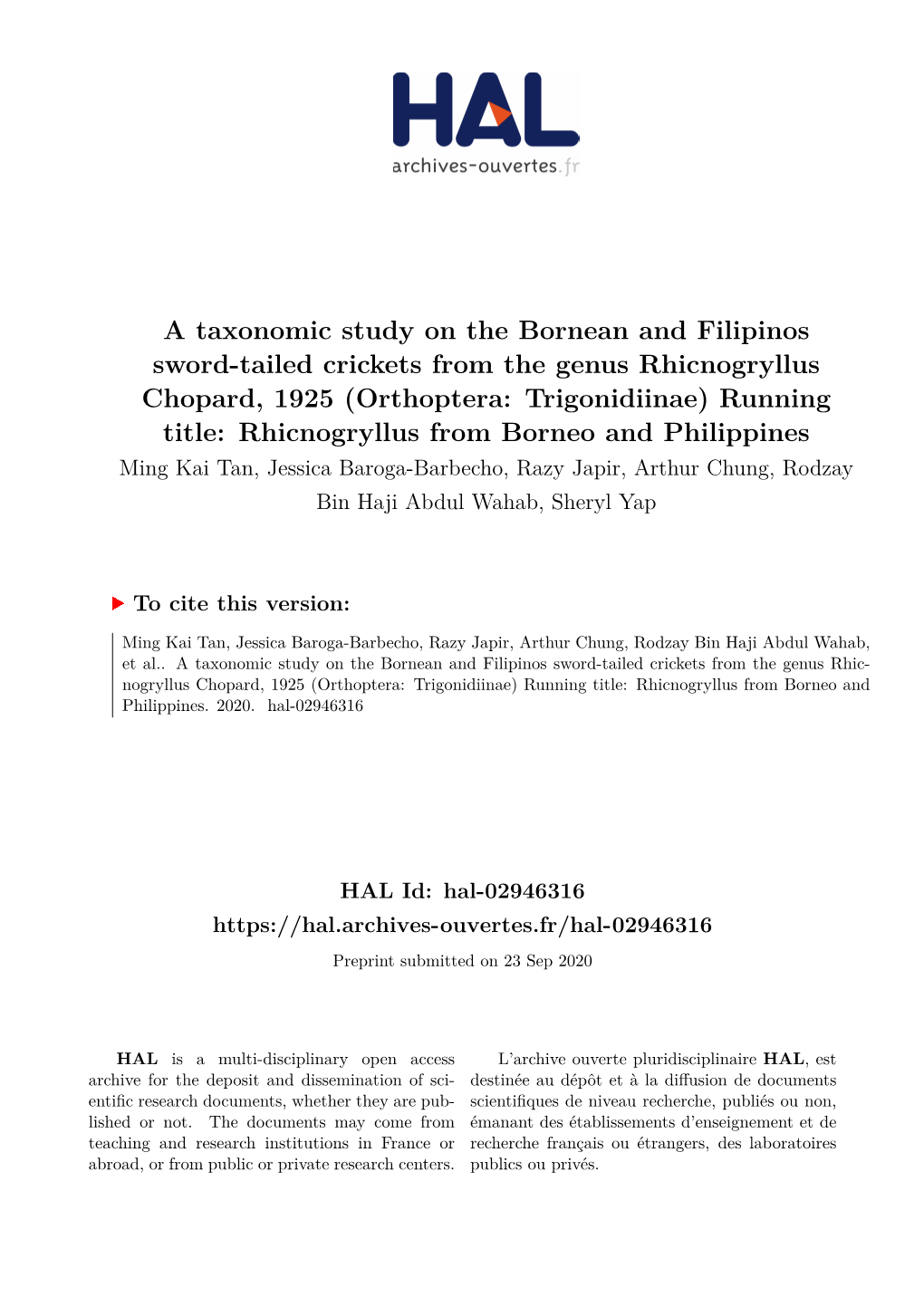 A Taxonomic Study on the Bornean and Filipinos Sword-Tailed Crickets from the Genus Rhicnogryllus Chopard, 1925 (Orthoptera
