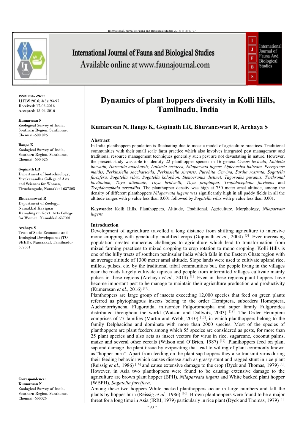 Dynamics of Plant Hoppers Diversity in Kolli Hills, Tamilnadu, India