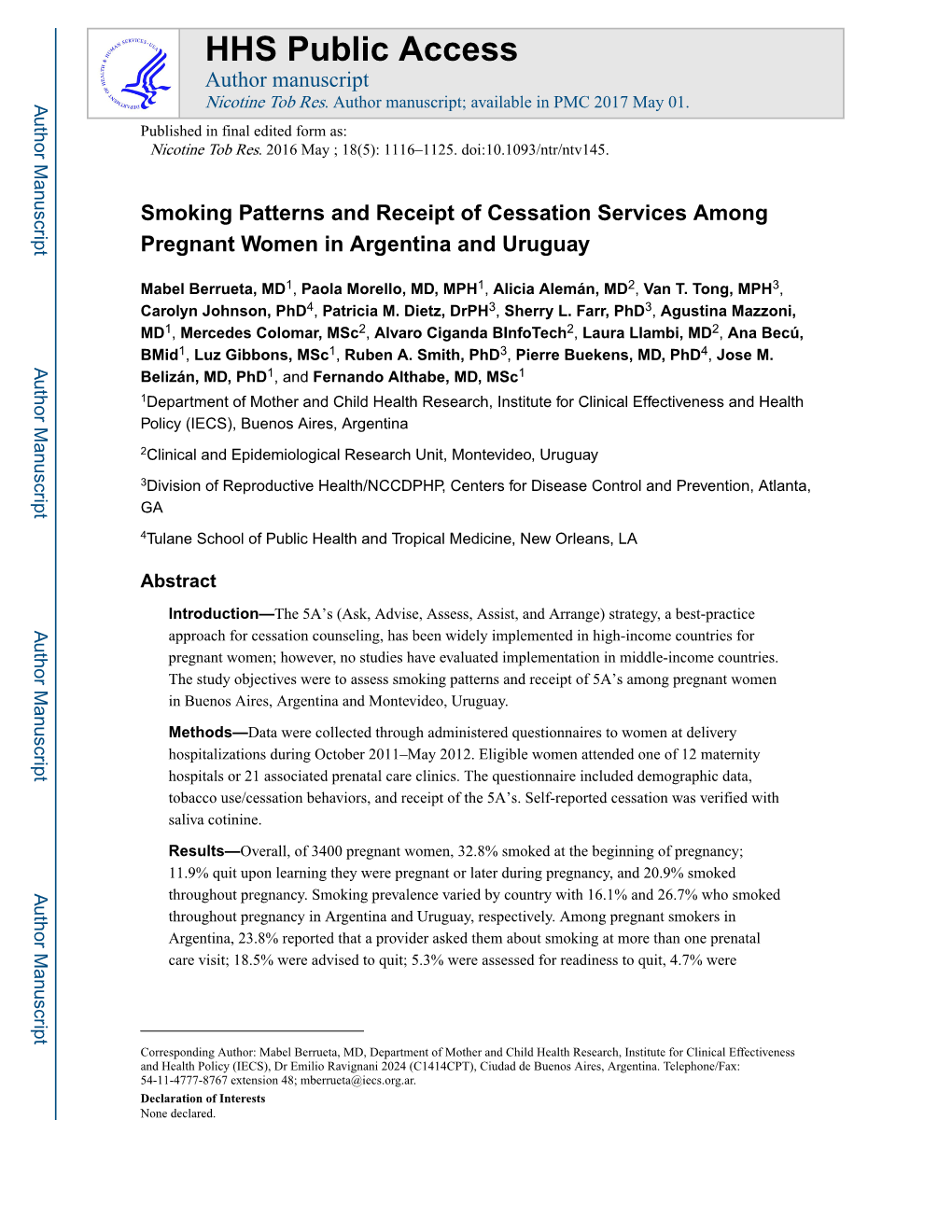 Smoking Patterns and Receipt of Cessation Services Among Pregnant Women in Argentina and Uruguay