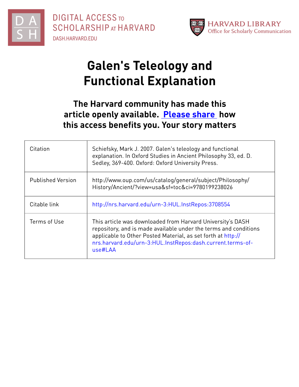 Galen's Teleology and Functional Explanation