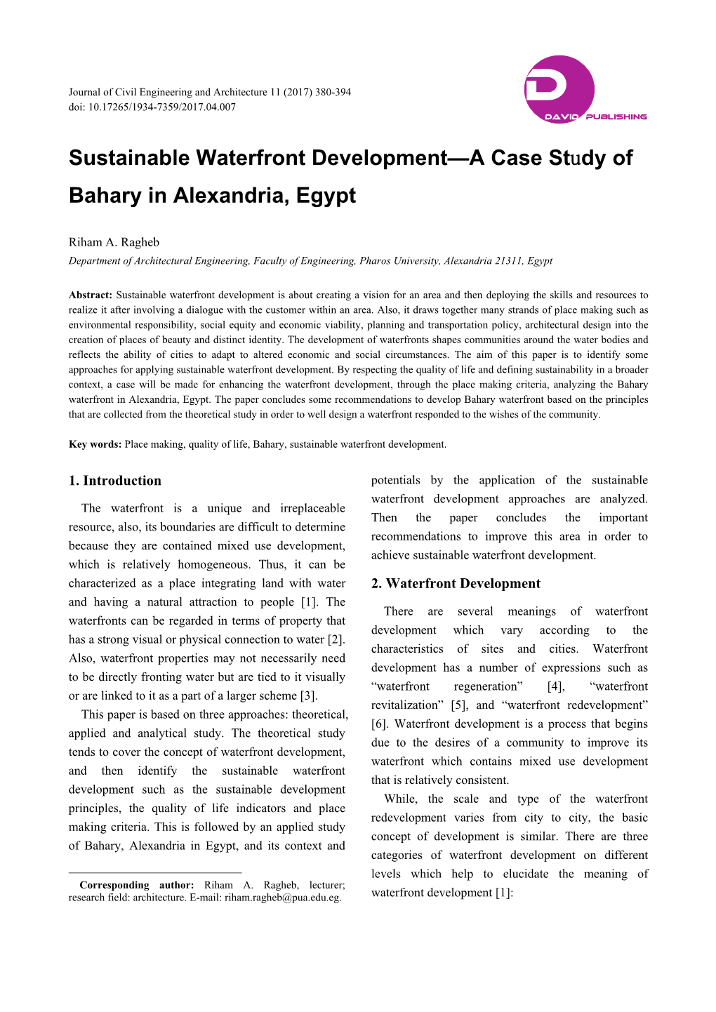 Sustainable Waterfront Development—A Case Study of Bahary in Alexandria, Egypt