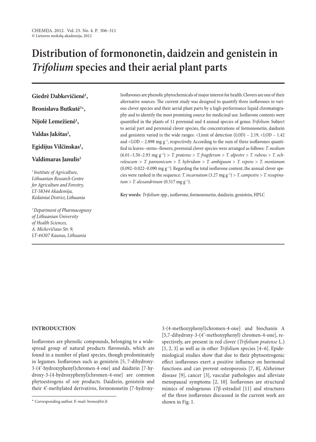 Distribution of Formononetin, Daidzein and Genistein in Trifolium Species and Their Aerial Plant Parts