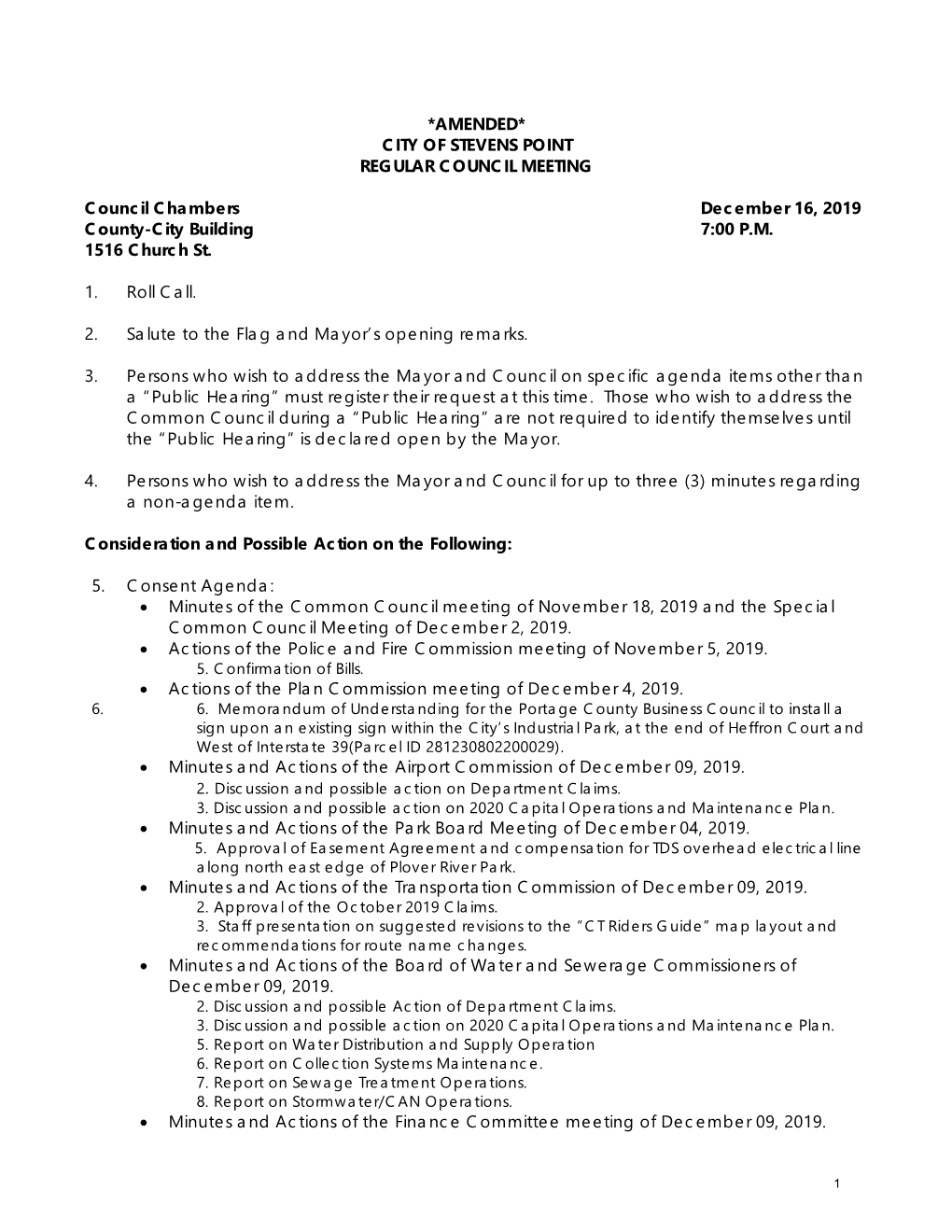 Amended* City of Stevens Point Regular Council Meeting