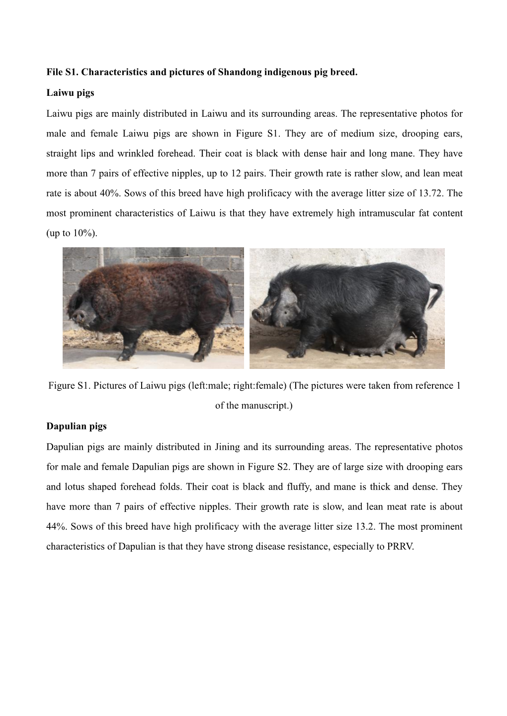 File S1. Characteristics and Pictures of Shandong Indigenous Pig Breed. Laiwu Pigs Laiwu Pigs Are Mainly Distributed in Laiwu An