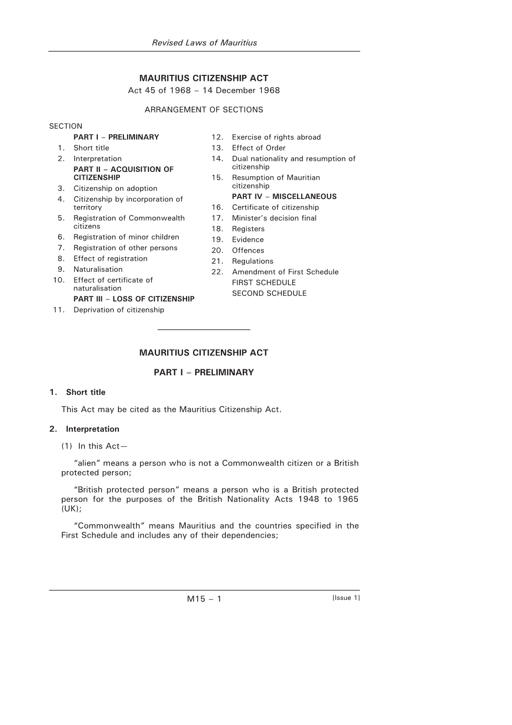 MAURITIUS CITIZENSHIP ACT Act 45 of 1968 – 14 December 1968