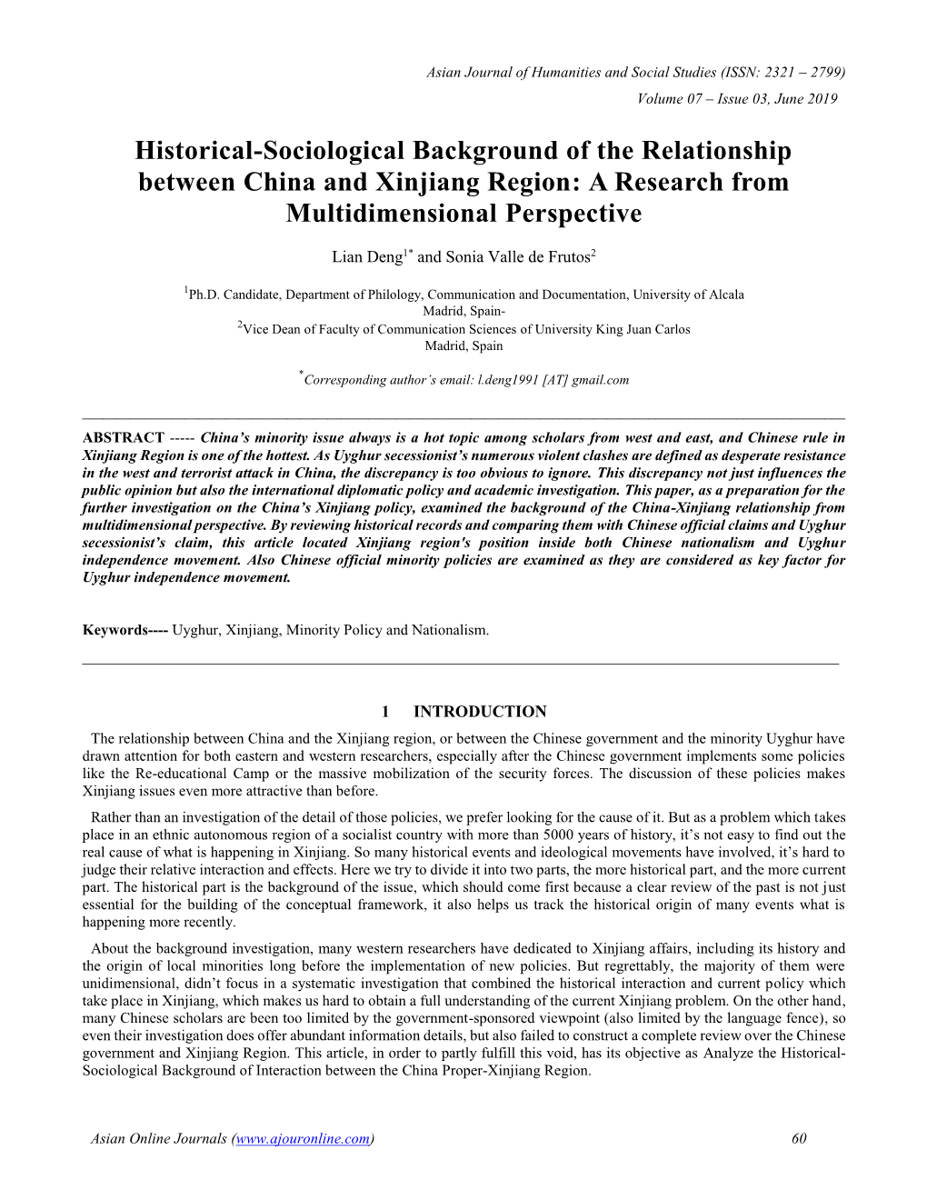 Historical-Sociological Background of the Relationship Between China and Xinjiang Region: a Research from Multidimensional Perspective