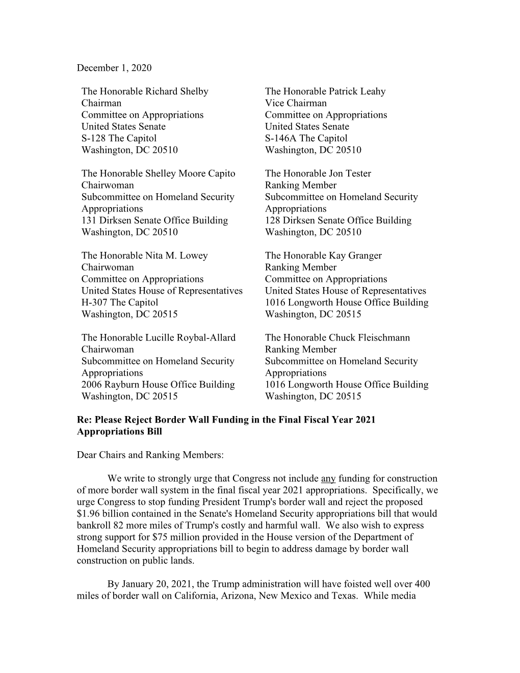 December 1, 2020 the Honorable Richard Shelby Chairman Committee on Appropriations United States Senate S-128 the Capitol Wash