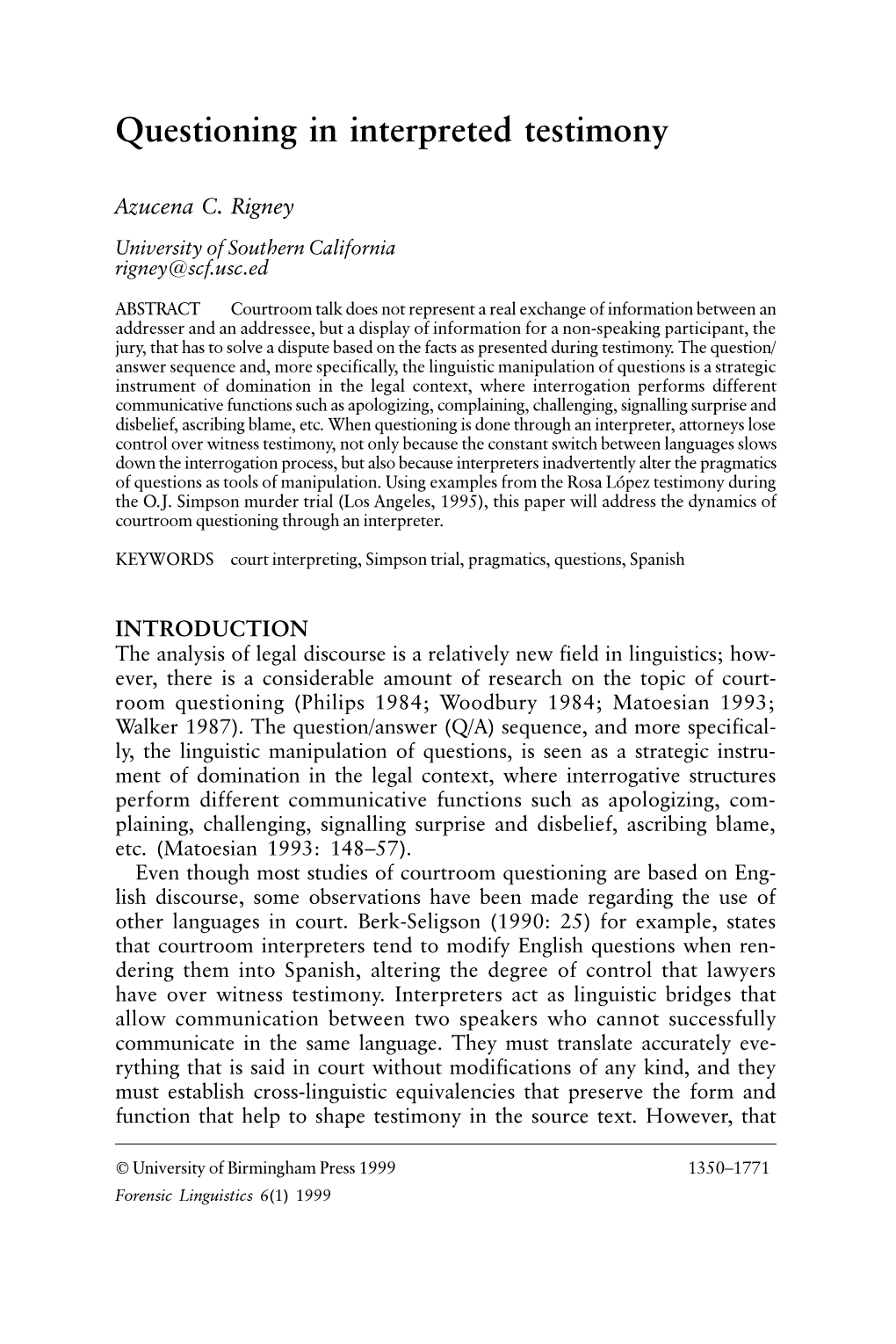 Questioning in Interpreted Testimony 83 Questioning in Interpreted Testimony