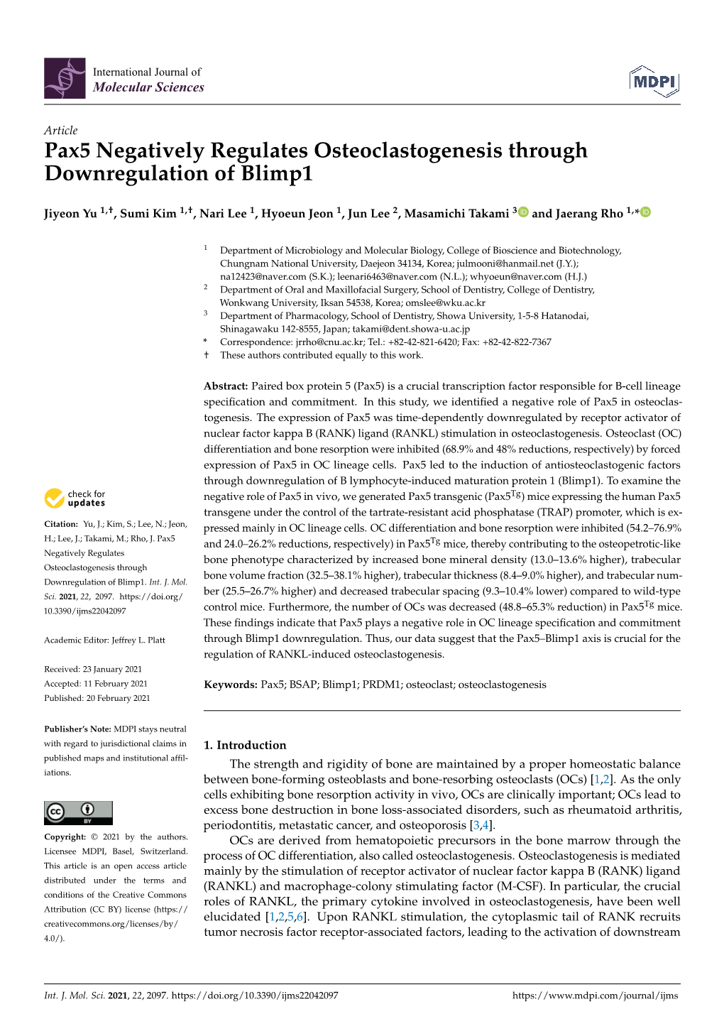 Pax5 Negatively Regulates Osteoclastogenesis Through Downregulation of Blimp1