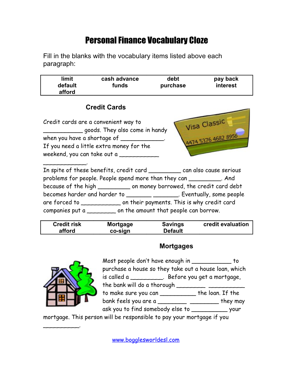 Personal Finance Vocabulary Cloze