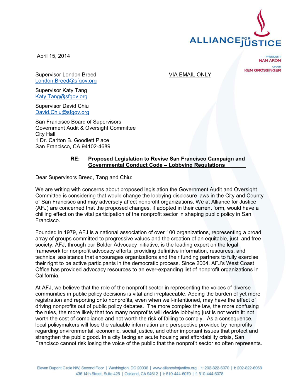 AFJ Letter to San Francisco Board of Supervisors