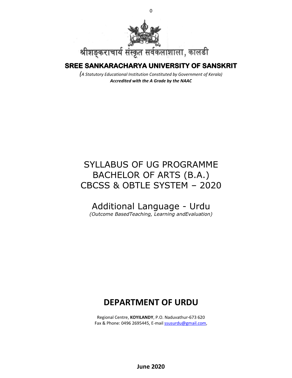 (BA) CBCSS & OBTLE SYSTEM – 2020 Additional Language