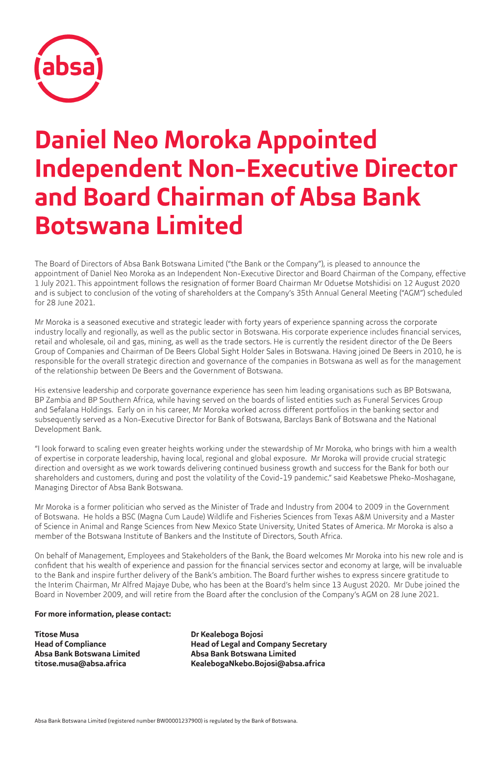 Daniel Neo Moroka Appointed Independent Non-Executive Director and Board Chairman of Absa Bank Botswana Limited