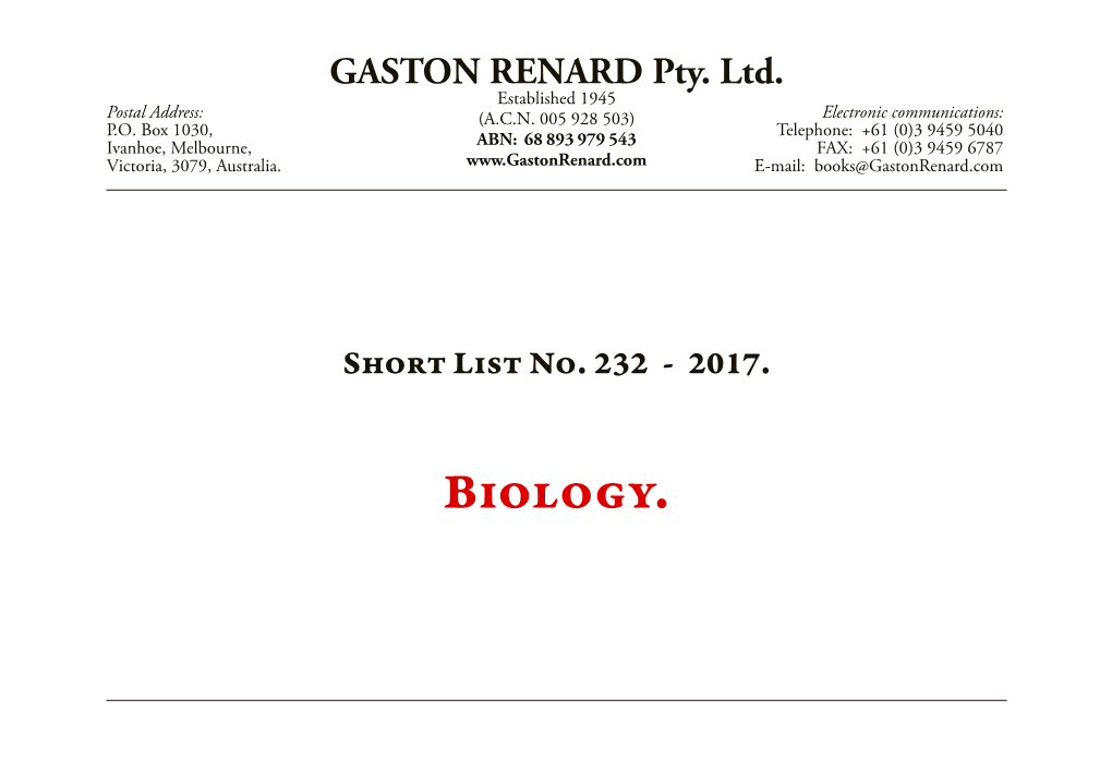 Biology. Gaston Renard Fine and Rare Books Short List Number 232 2017