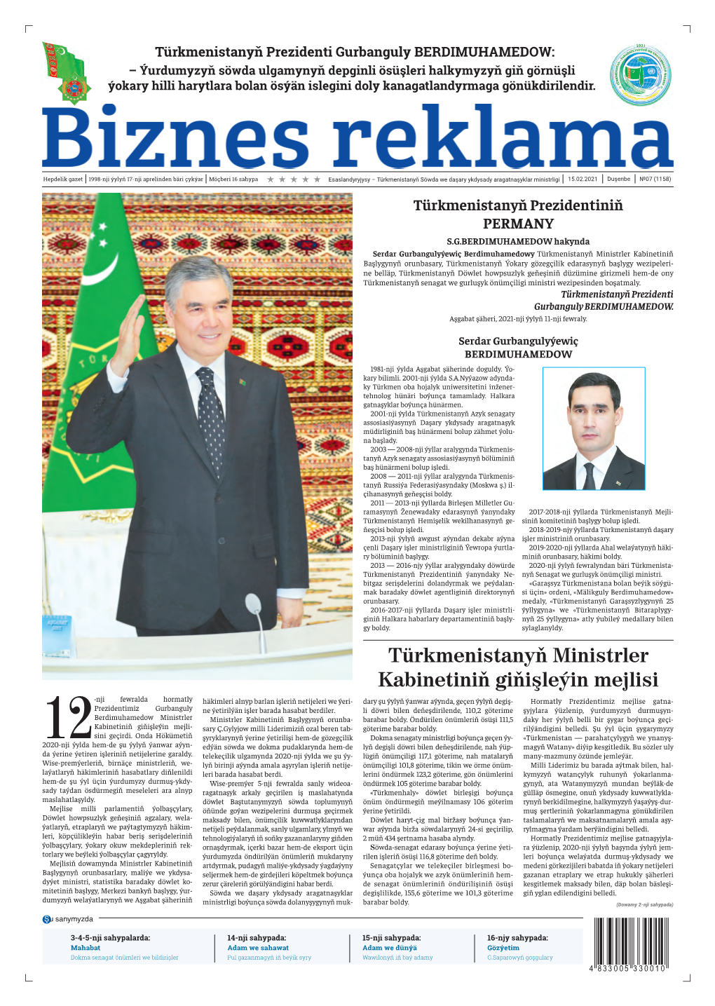 Page 1 Türkmenistanyň Prezidenti Gurbanguly BERDIMUHAMEDOW