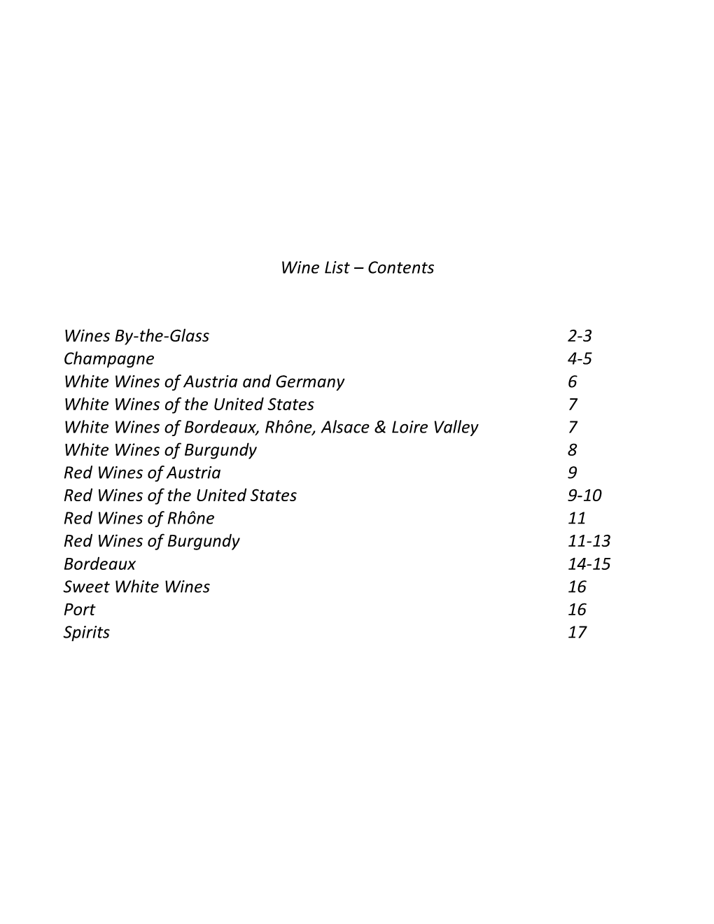 Wine List – Contents