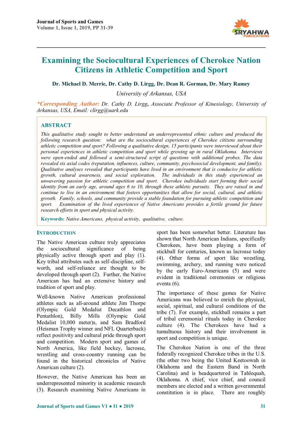 Examining the Sociocultural Experiences of Cherokee Nation Citizens in Athletic Competition and Sport