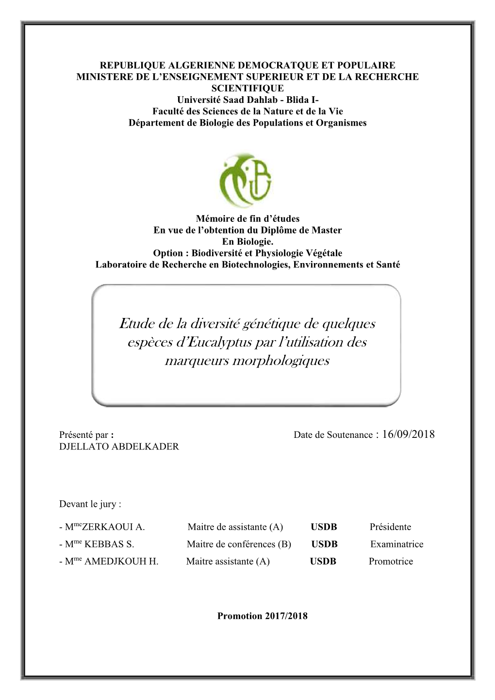 Etude De La Diversité Génétique De Quelques Espèces D'eucalyptus Par L'utilisation Des Marqueurs Morphologiques