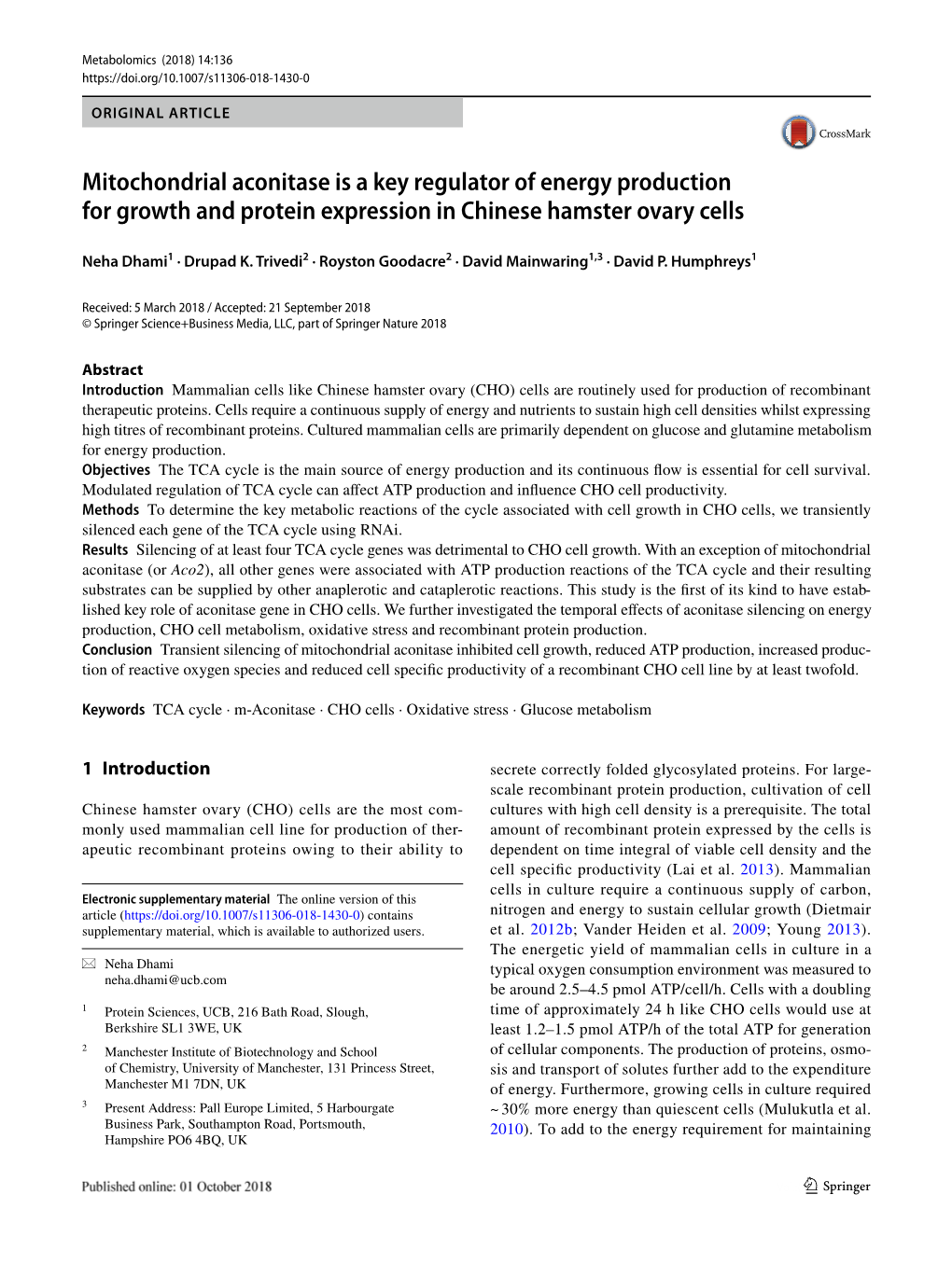 Mitochondrial Aconitase Is a Key Regulator of Energy Production for Growth and Protein Expression in Chinese Hamster Ovary Cells