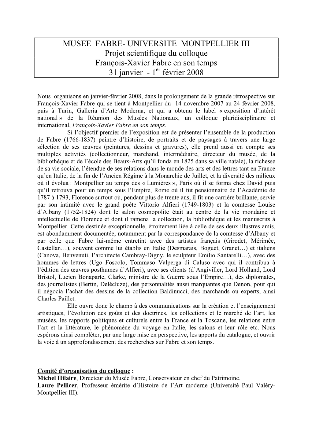 MUSEE FABRE- UNIVERSITE MONTPELLIER III Projet Scientifique Du Colloque François-Xavier Fabre En Son Temps 31 Janvier - 1Er Février 2008