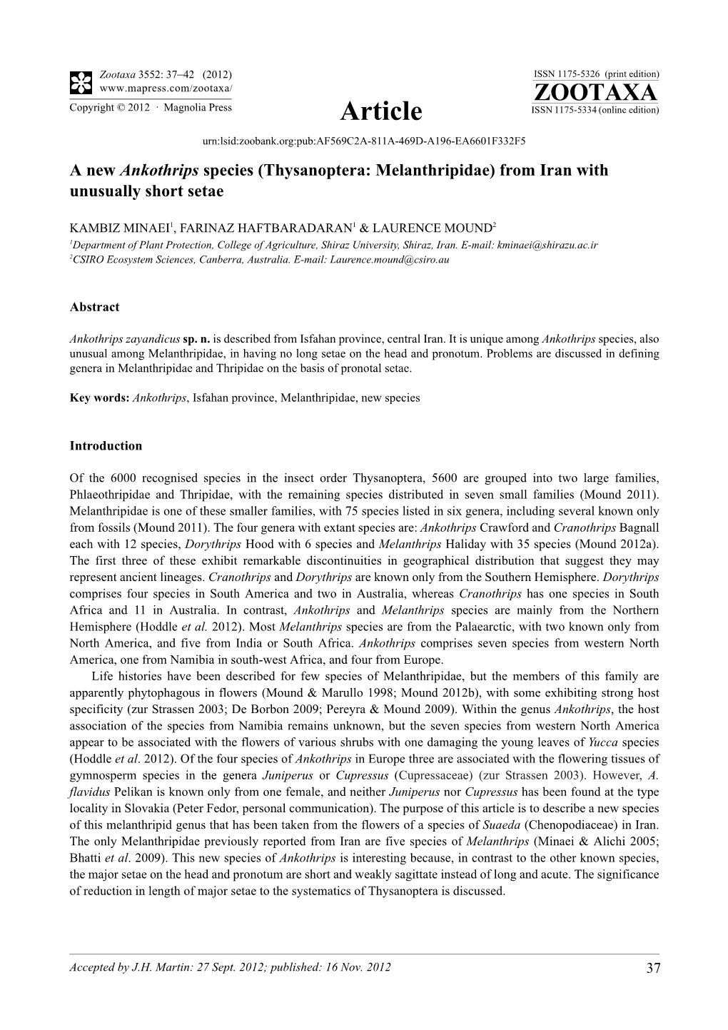 A New Ankothrips Species (Thysanoptera: Melanthripidae) from Iran with Unusually Short Setae