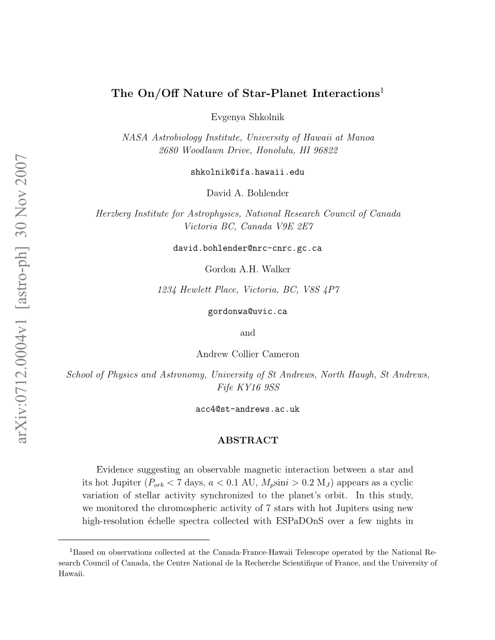 Arxiv:0712.0004V1 [Astro-Ph] 30 Nov 2007 Erhcuclo Aaa H Etentoa El Ehrh Sc Recherche La De National Centre Hawaii