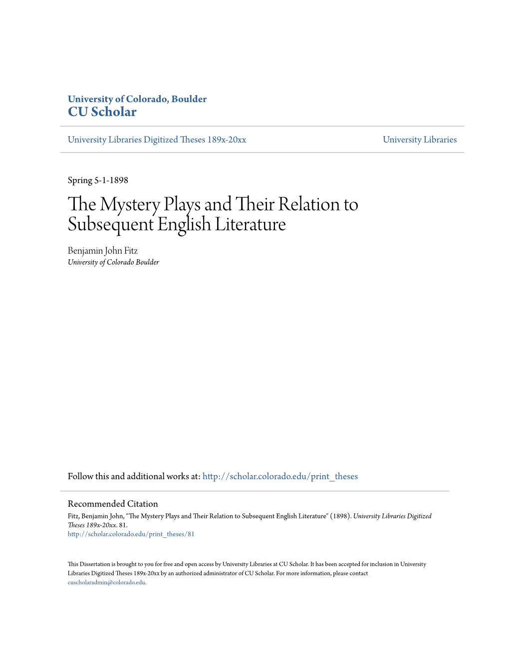 The Mystery Plays and Their Relation to Subsequent English Literature