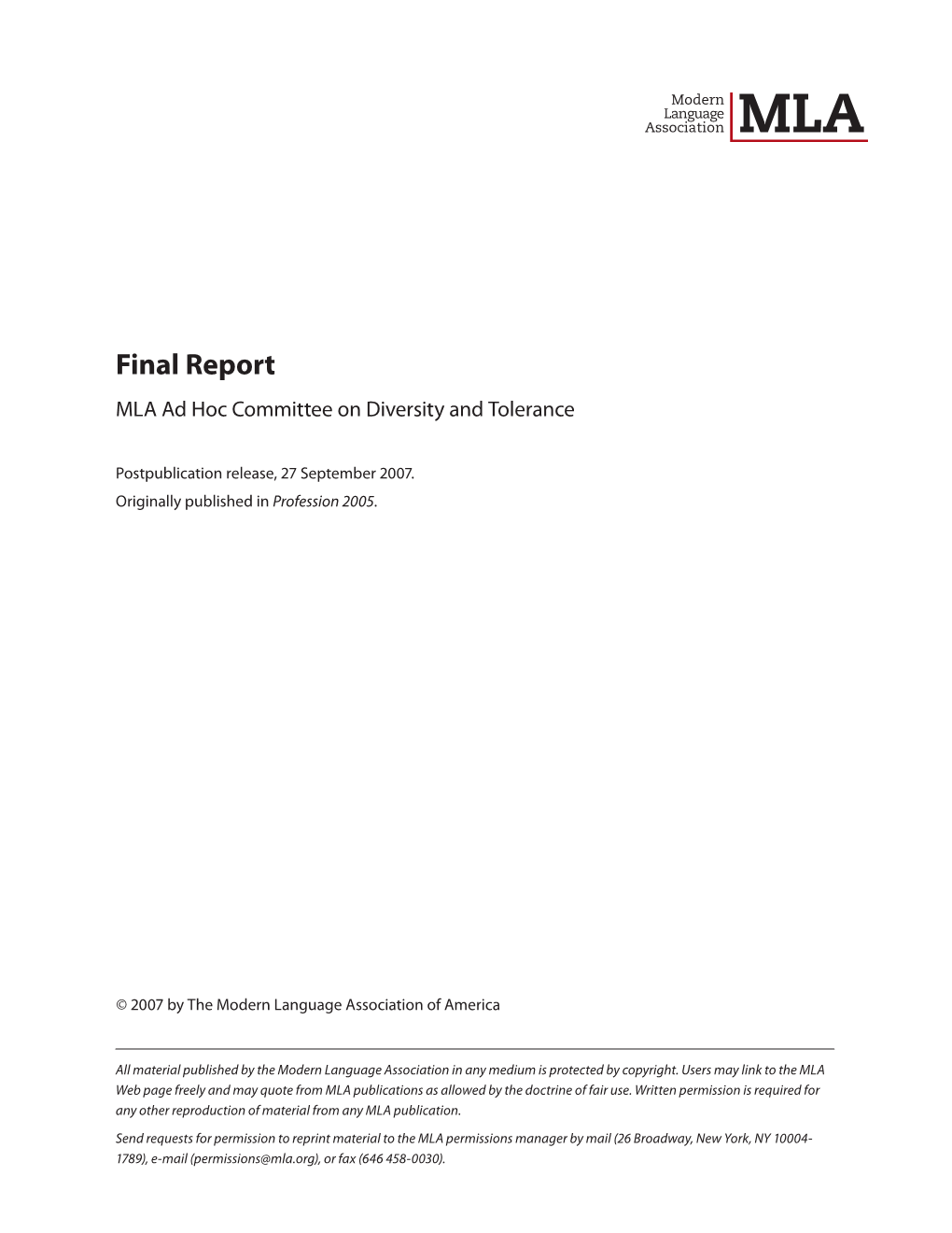 MLA Ad Hoc Committee on Diversity and Tolerance Final Report