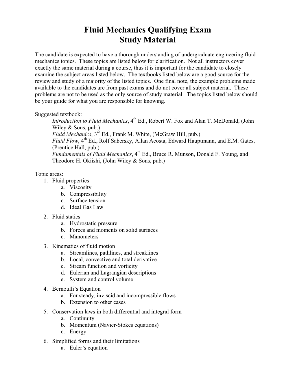 Fluid Mechanics Qualifying Exam Study Material