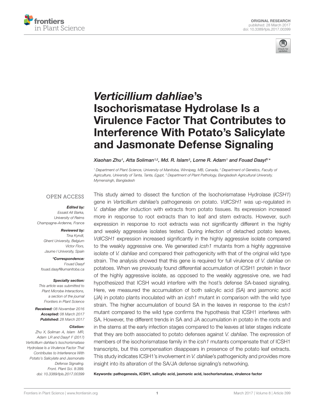 Verticillium Dahliae's Isochorismatase Hydrolase Is a Virulence Factor