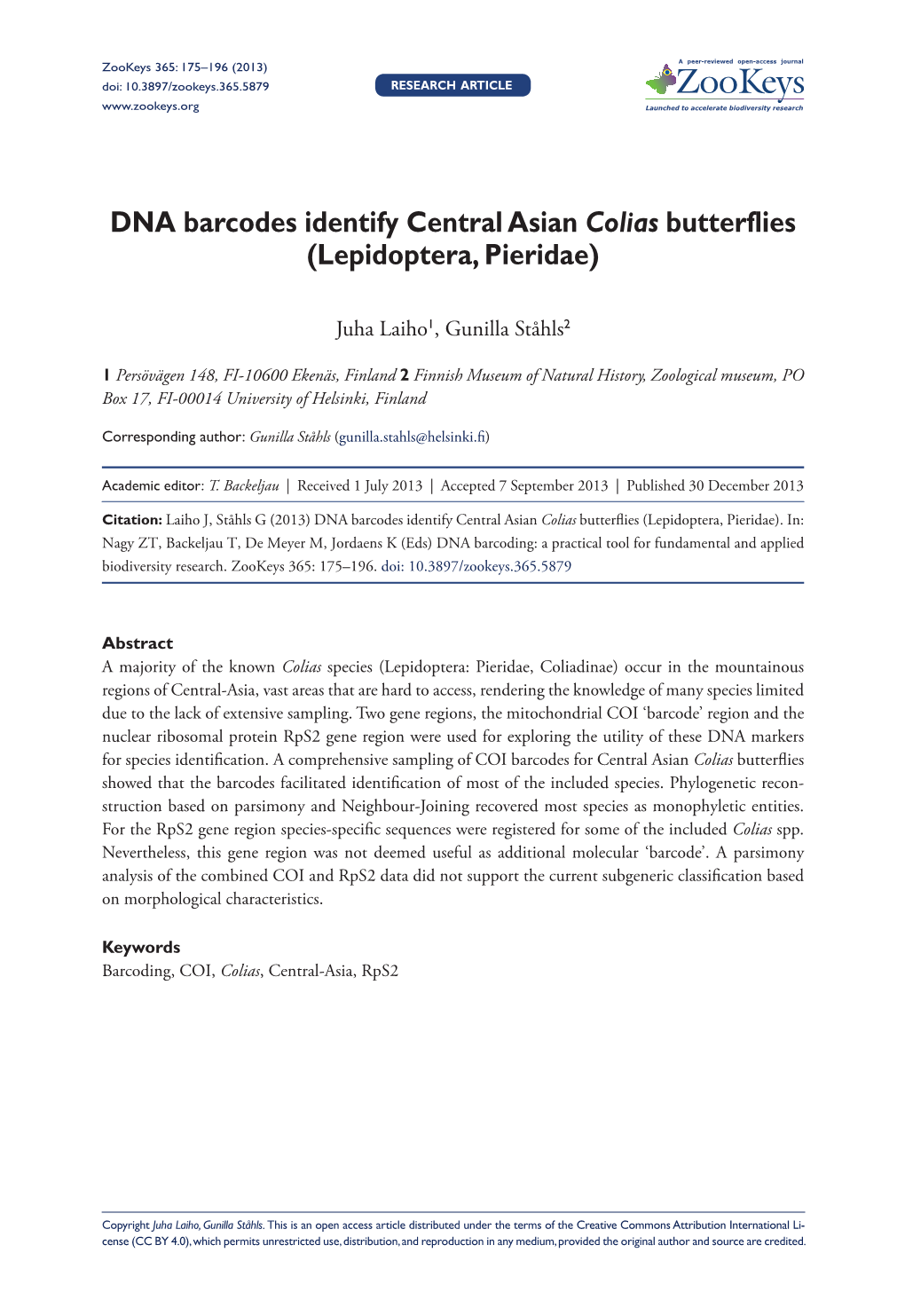 DNA Barcodes Identify Central-Asian Colias Butterflies (Lepidoptera