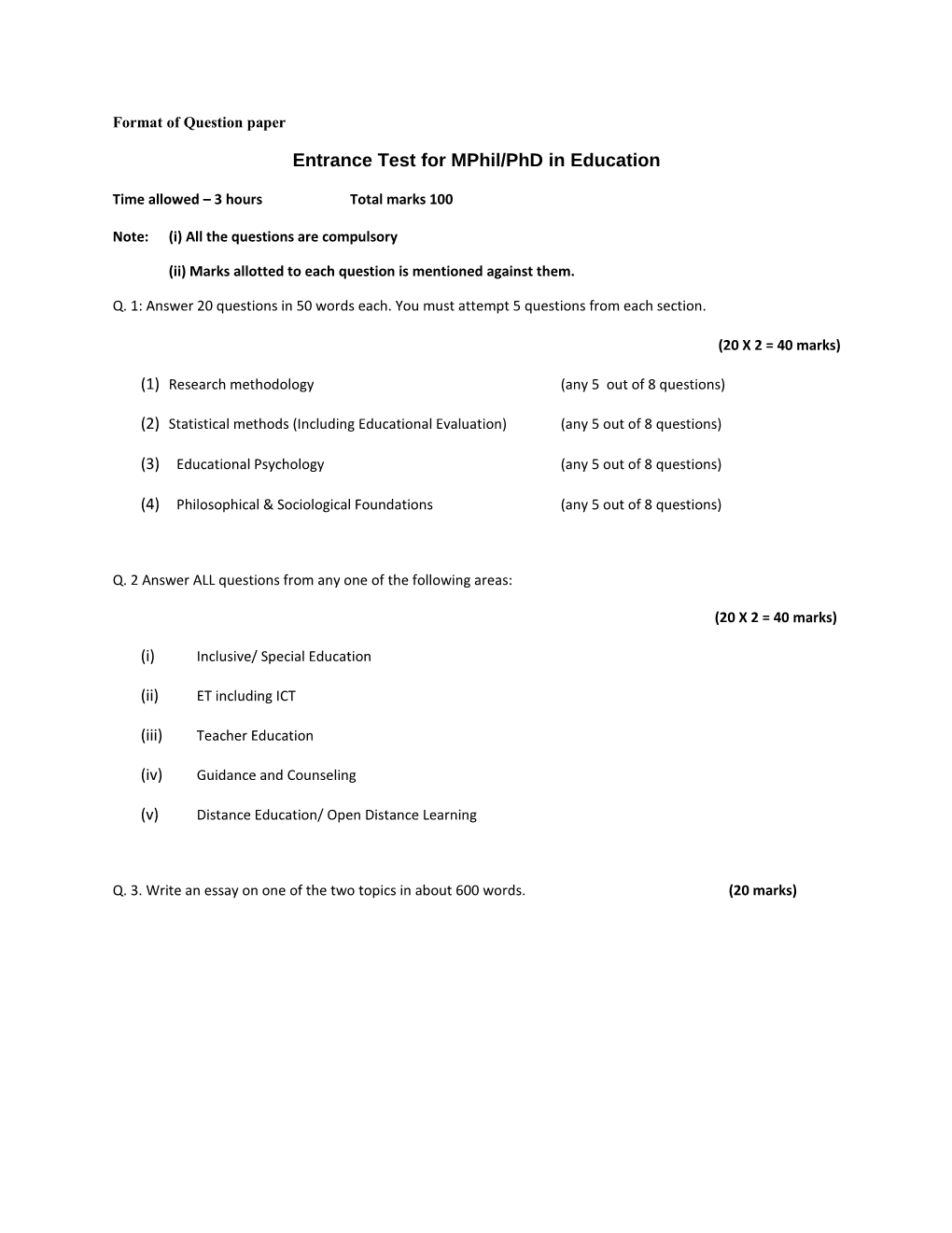 Entrance Test for Mphil/Phd in Education