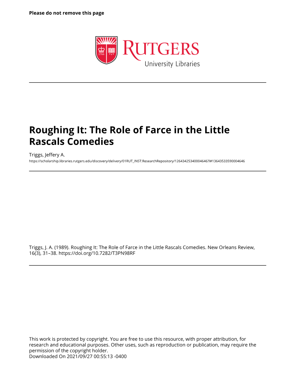 Roughing It: the Role of Farce in the Little Rascals Comedies