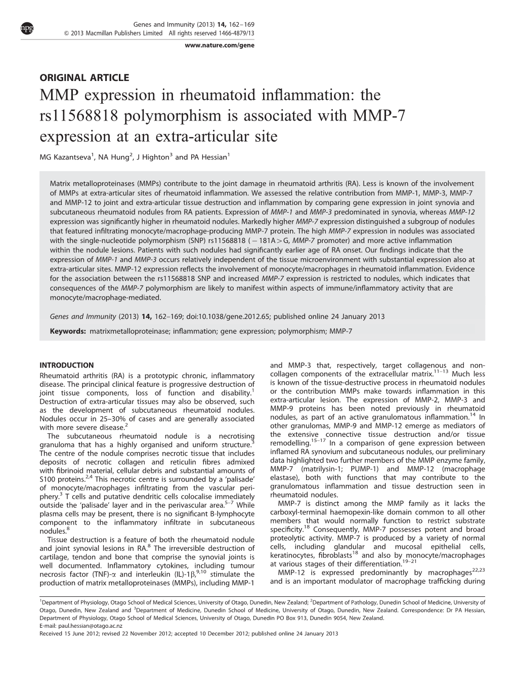 MMP Expression in Rheumatoid Inflammation