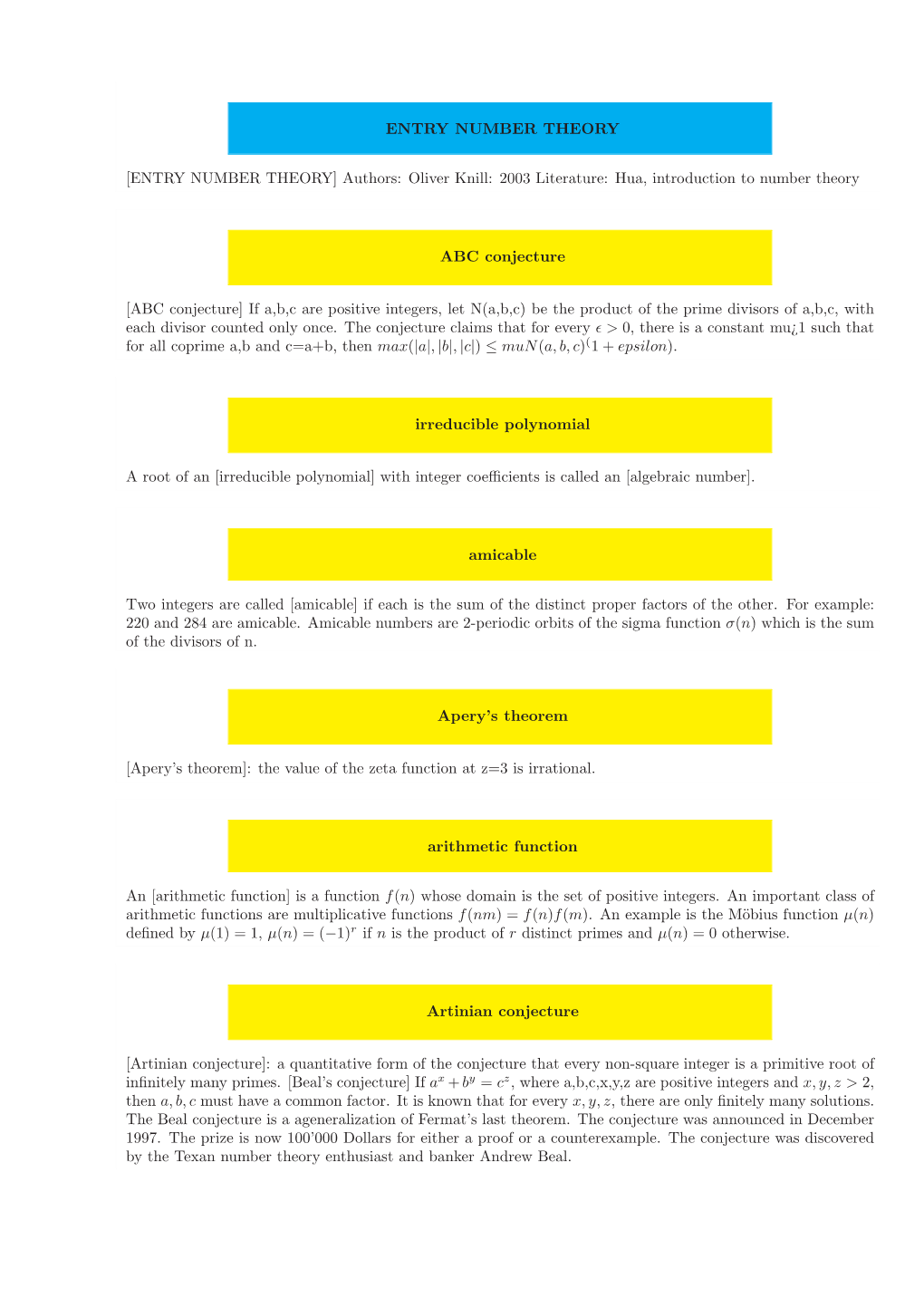 Oliver Knill: 2003 Literature: Hua, Introduction to Number Theory