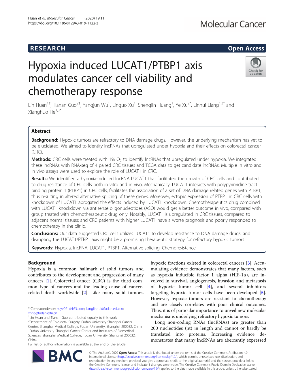 Hypoxia Induced LUCAT1/PTBP1 Axis Modulates Cancer Cell Viability And