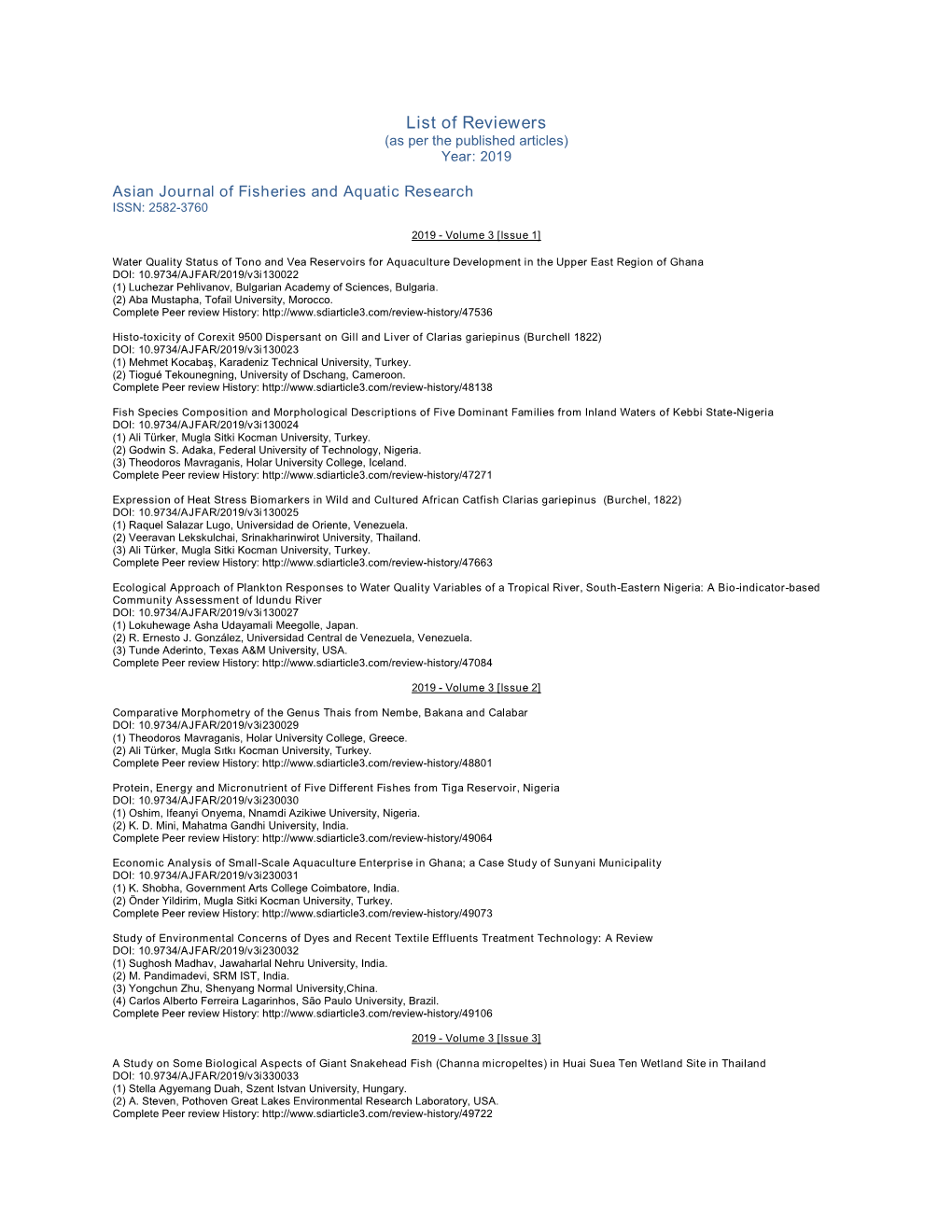 List of Reviewers (As Per the Published Articles) Year: 2019