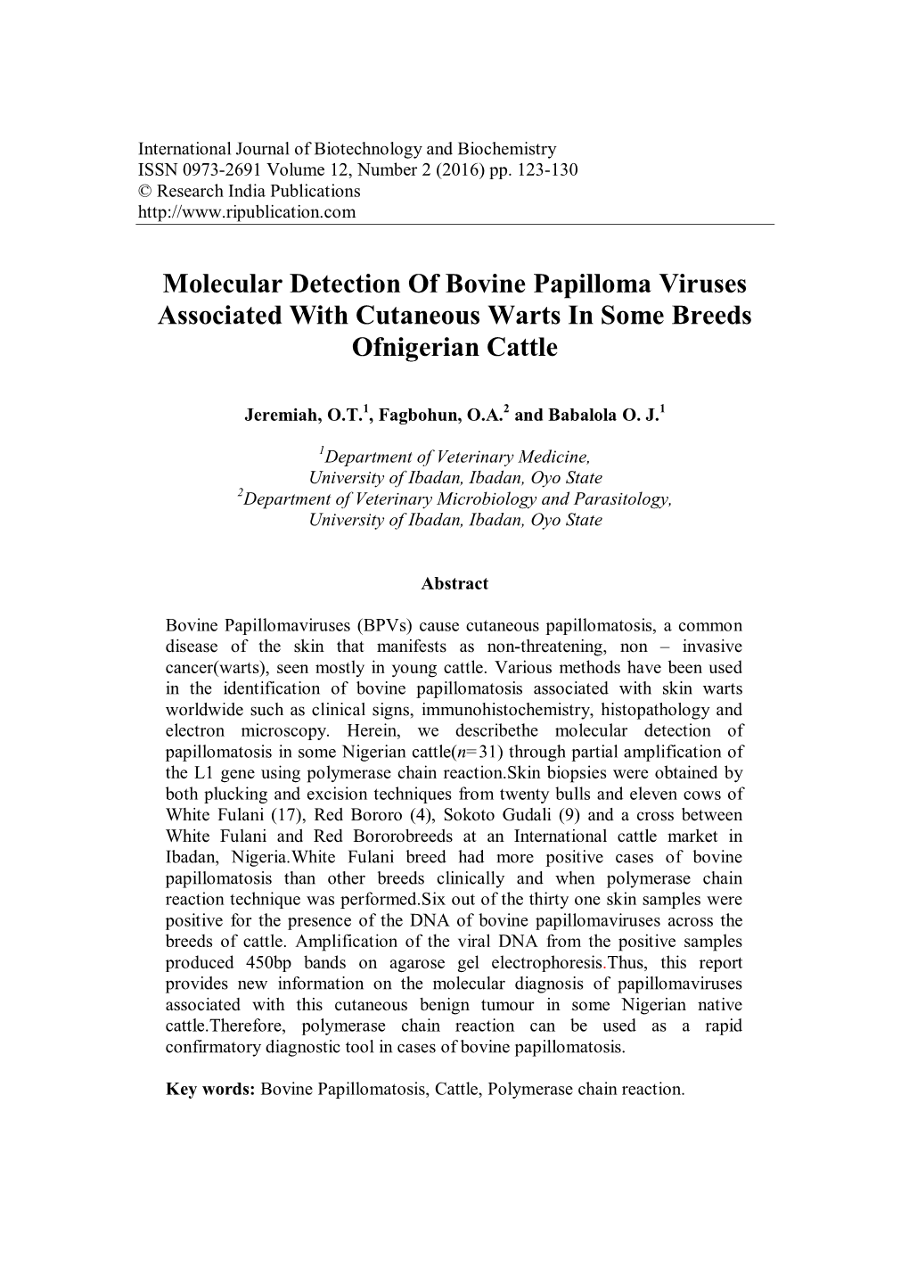 Molecular Detection of Bovine Papilloma Viruses Associated with Cutaneous Warts in Some Breeds Ofnigerian Cattle