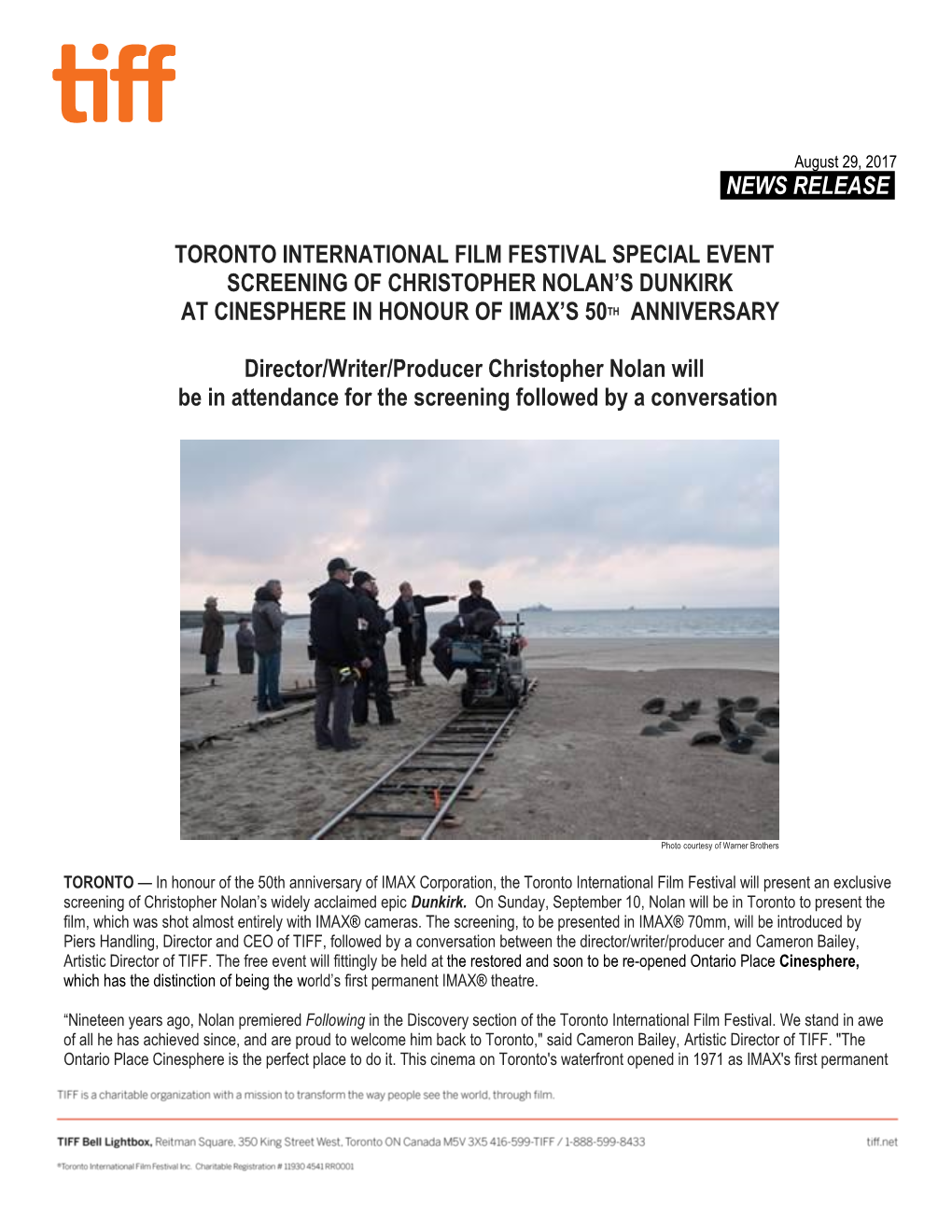 News Release. Toronto International Film Festival