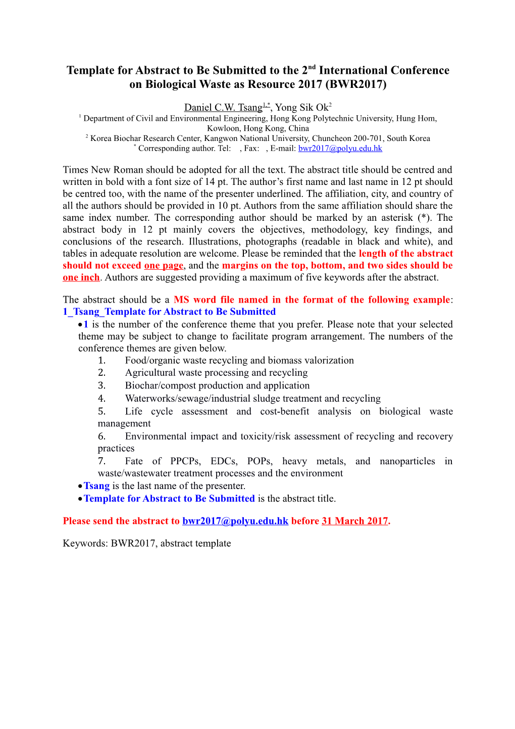 Template for Abstract to Be Submitted to the 2Nd International Conference on Biological