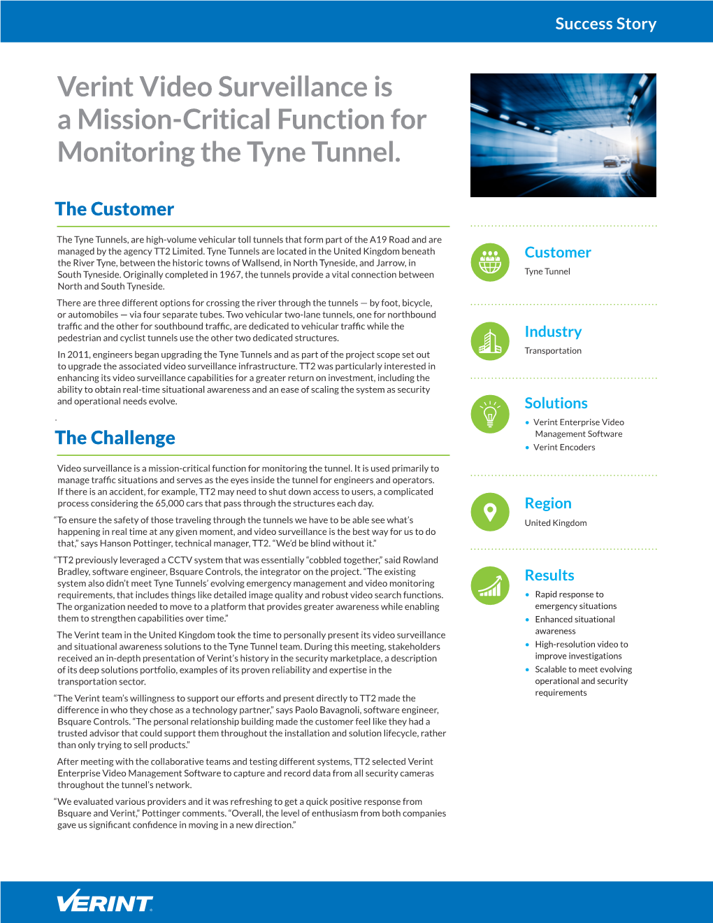 Verint Video Surveillance Is a Mission-Critical Function for Monitoring the Tyne Tunnel