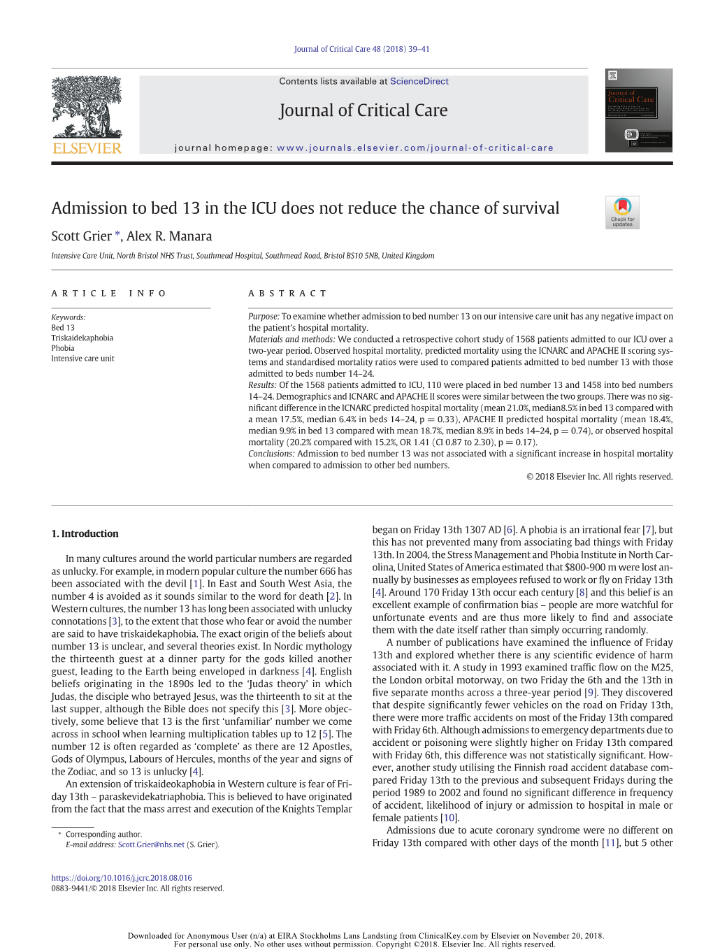 Admission to Bed 13 in the ICU Does Not Reduce the Chance of Survival