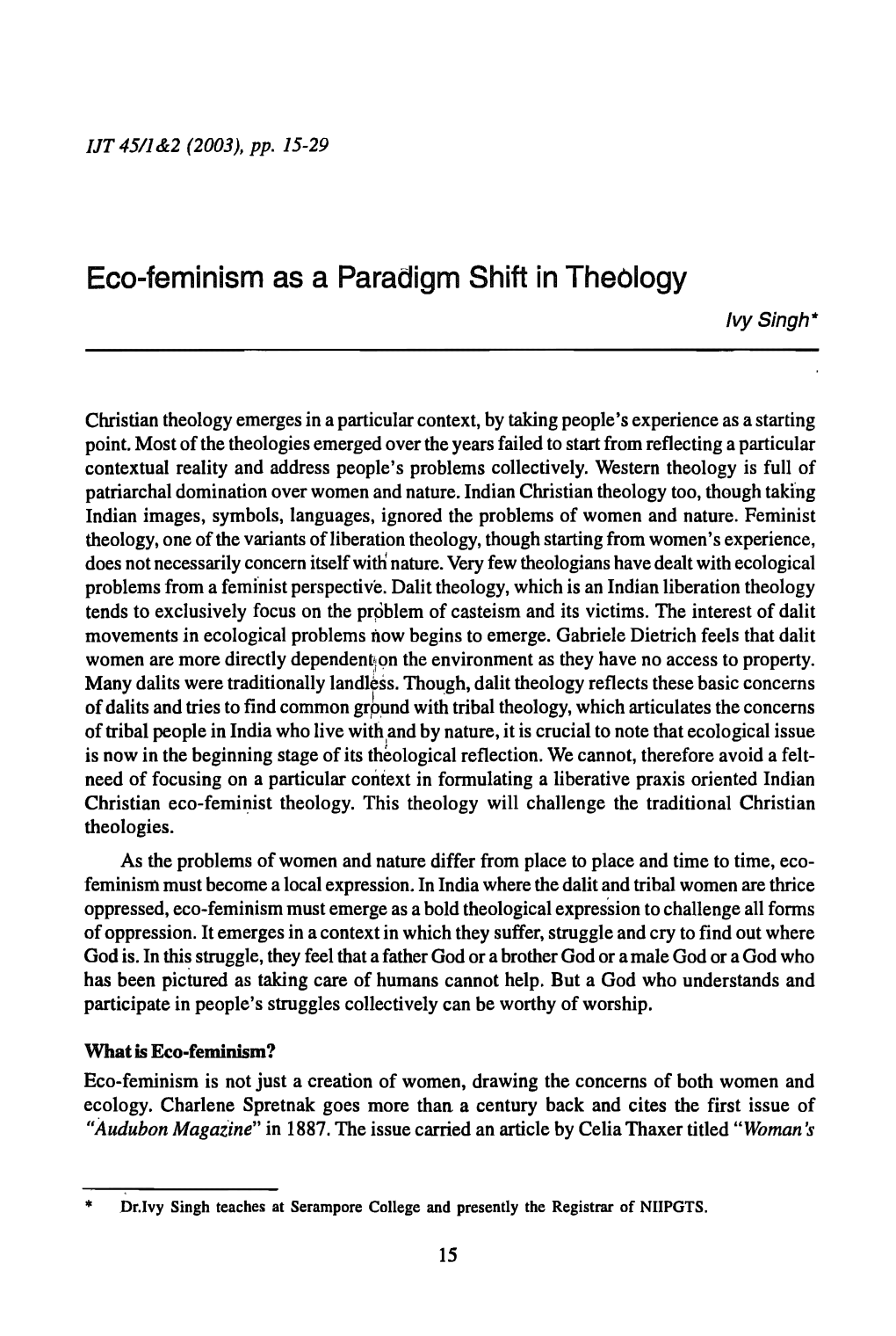 Ivy Singh, "Eco-Feminism As a Paradigm Shift in Theology," Indian