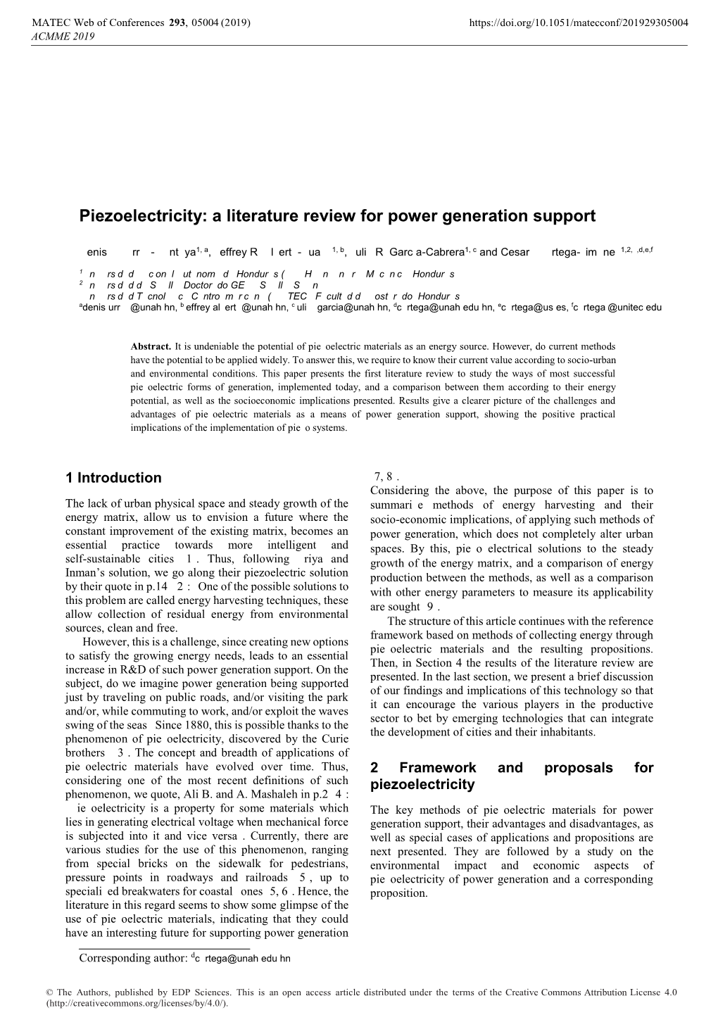 Piezoelectricity: a Literature Review for Power Generation Support